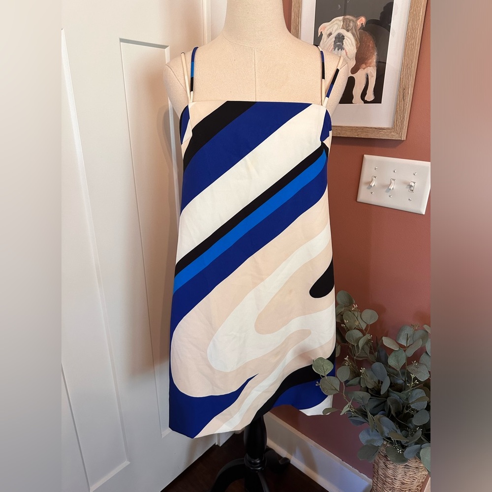 NWT Milly swirl spaghetti straps slip blue cream white black 12 mini dress